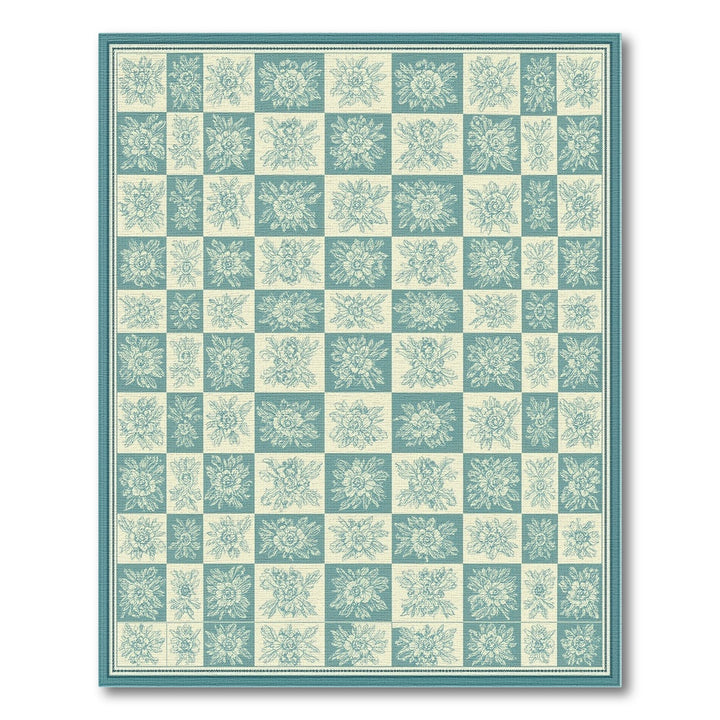 Teal Floral Checkerboard Vintage Area Rug