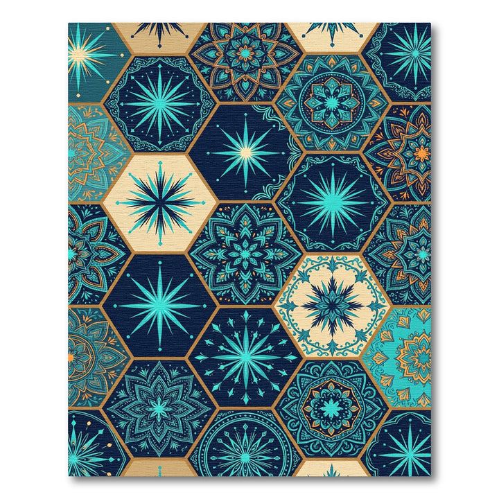 Teal Turquoise Hexagon Mandala Medallion Rug