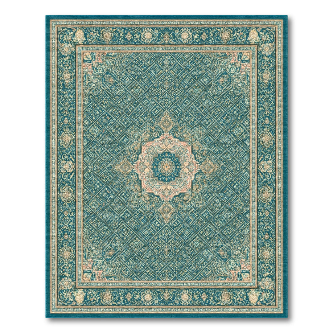 Teal Persian Medallion Area Rug with Floral Border