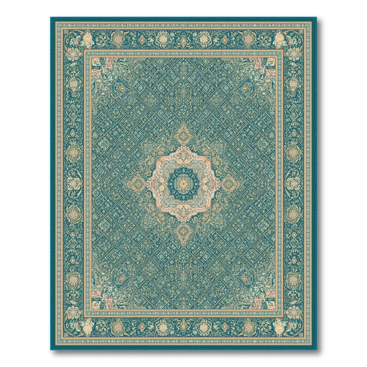 Teal Persian Medallion Area Rug with Floral Border