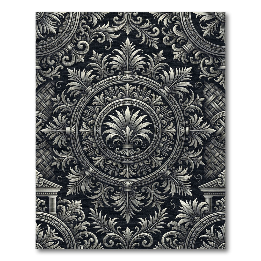 Ornate Black and White Scrollwork Rug