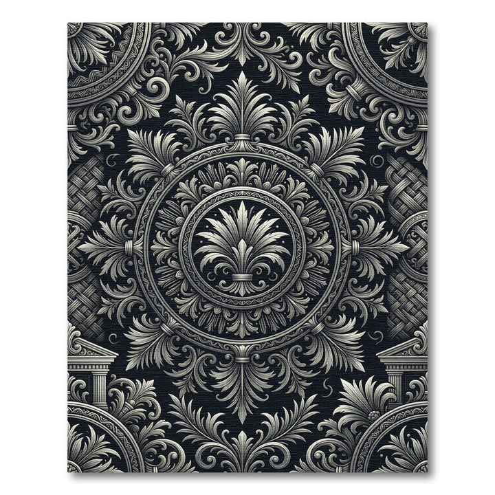 Ornate Black and White Scrollwork Rug
