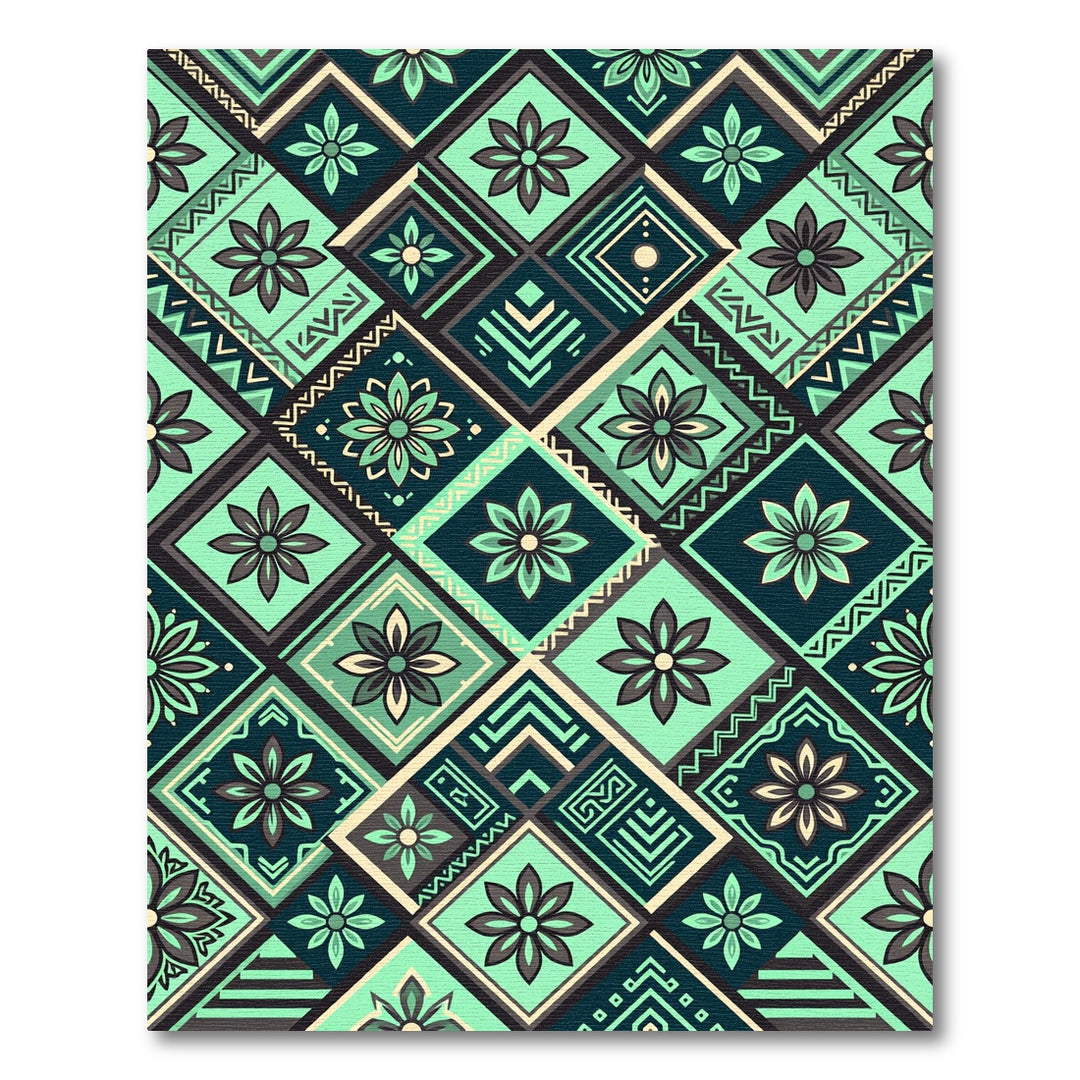 Teal Geometric Floral Diamond Tile Rug