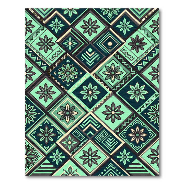 Teal Geometric Floral Diamond Tile Rug