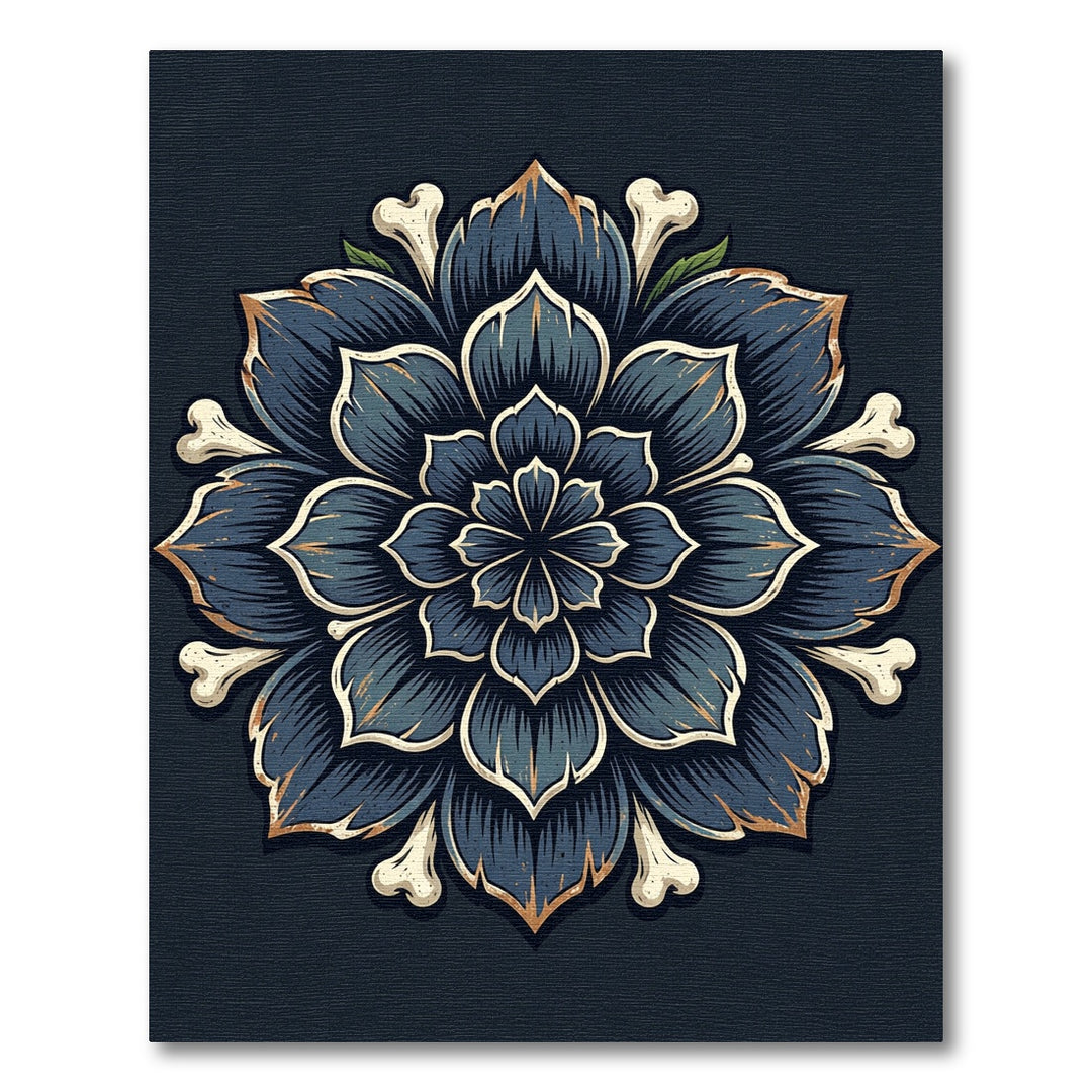Dark Blue Floral Bone Mandala Rug
