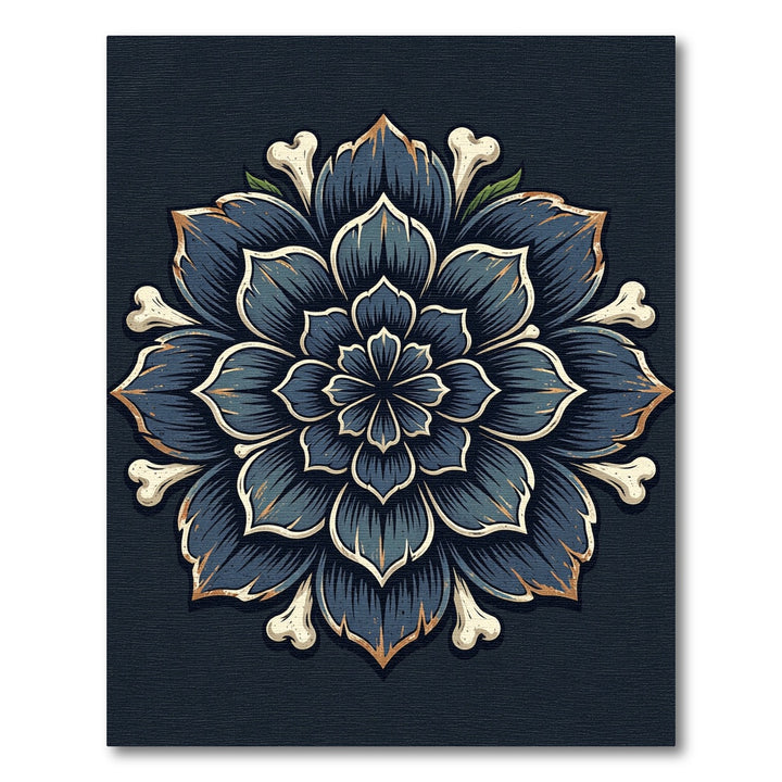 Dark Blue Floral Bone Mandala Rug