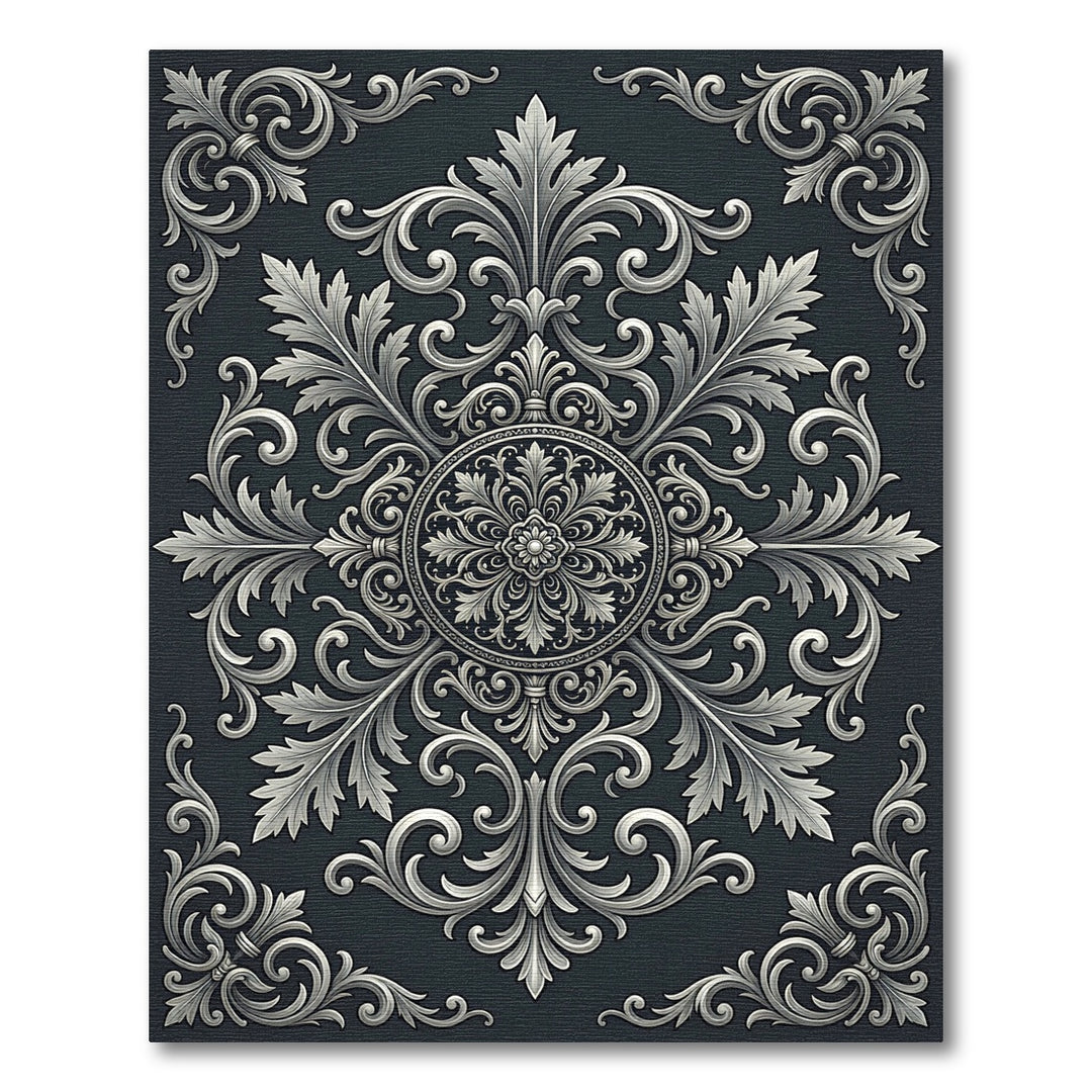Ornate Damask Floral Silver Rug