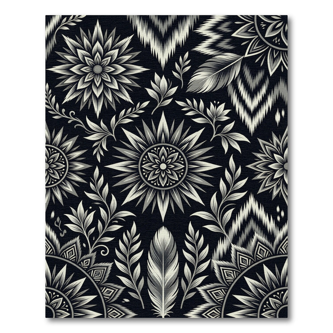 Monochromatic Floral Feather Mandala Rug