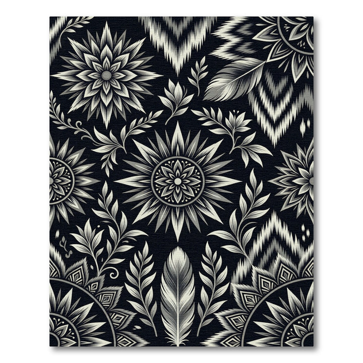 Monochromatic Floral Feather Mandala Rug