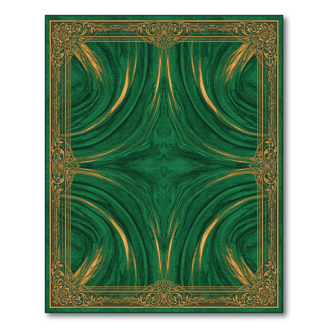 Green Marble Swirl Area Rug with Gold Ornate Border