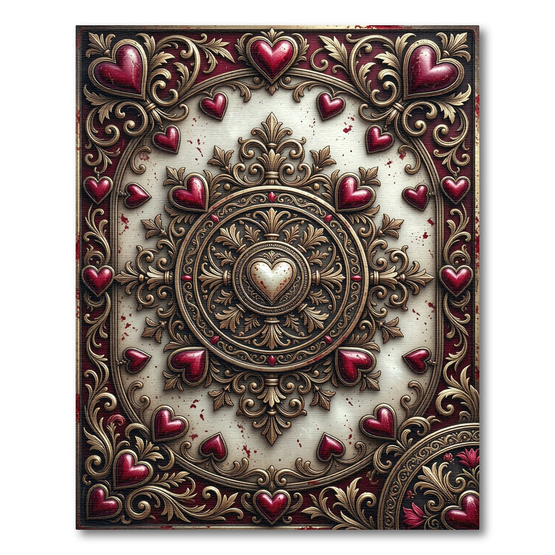 Ornate Red Hearts Golden Medallion Rug