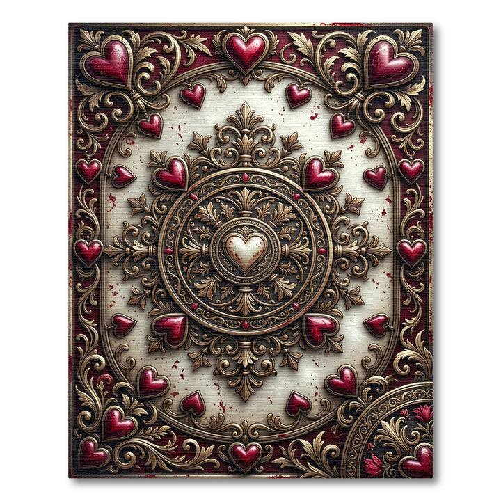 Ornate Red Hearts Golden Medallion Rug