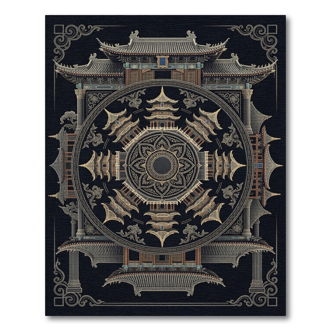 Ornamental Ancient Pagoda Mandala Rug