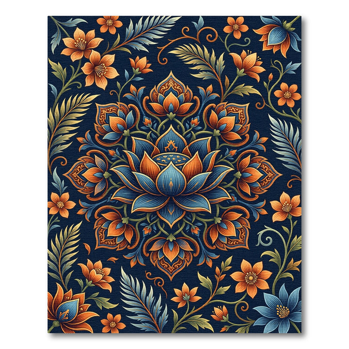 Ornate Blue Orange Floral Medallion Rug