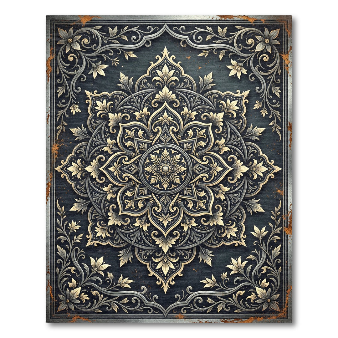 Ornate Golden Mandala Floral Rug