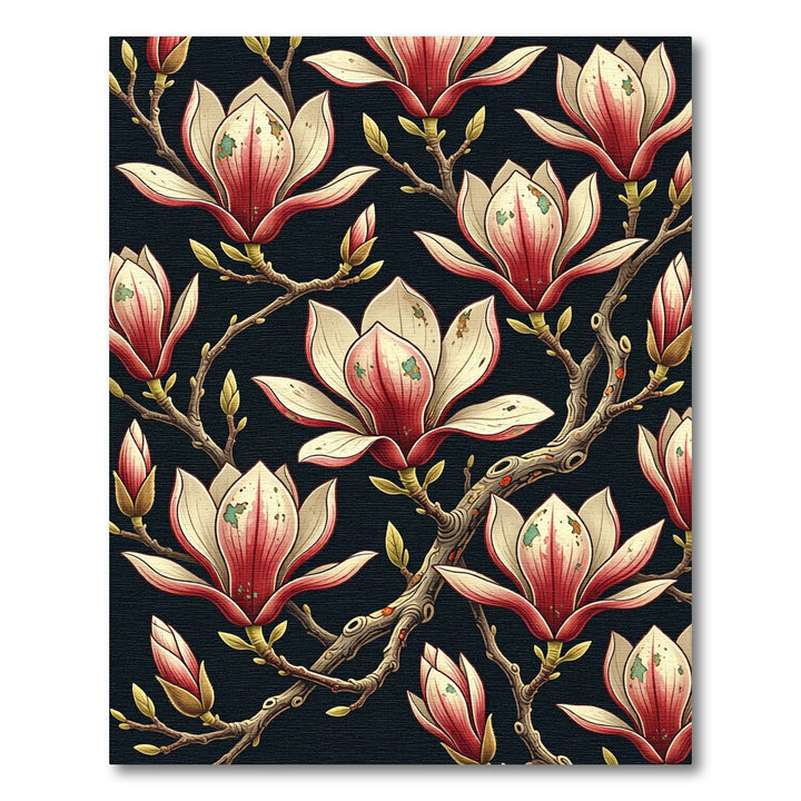 Crimson White Magnolia Blossom Branch Rug