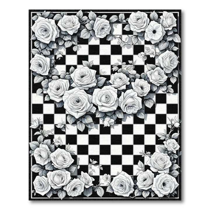 Black White Rose Checkerboard Area Rug