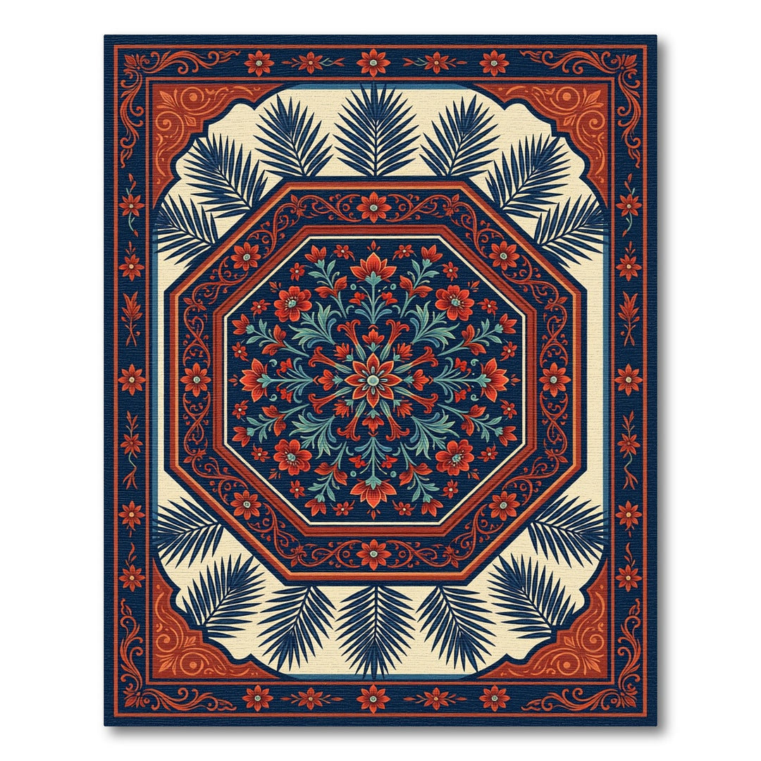 Rich Red Floral Octagon Navy Rug