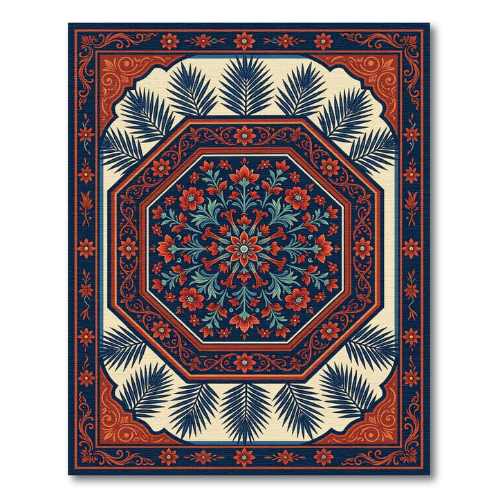 Rich Red Floral Octagon Navy Rug