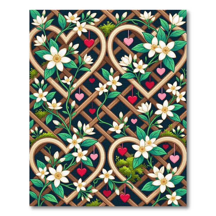 White Blossoms and Hearts Trellis Rug