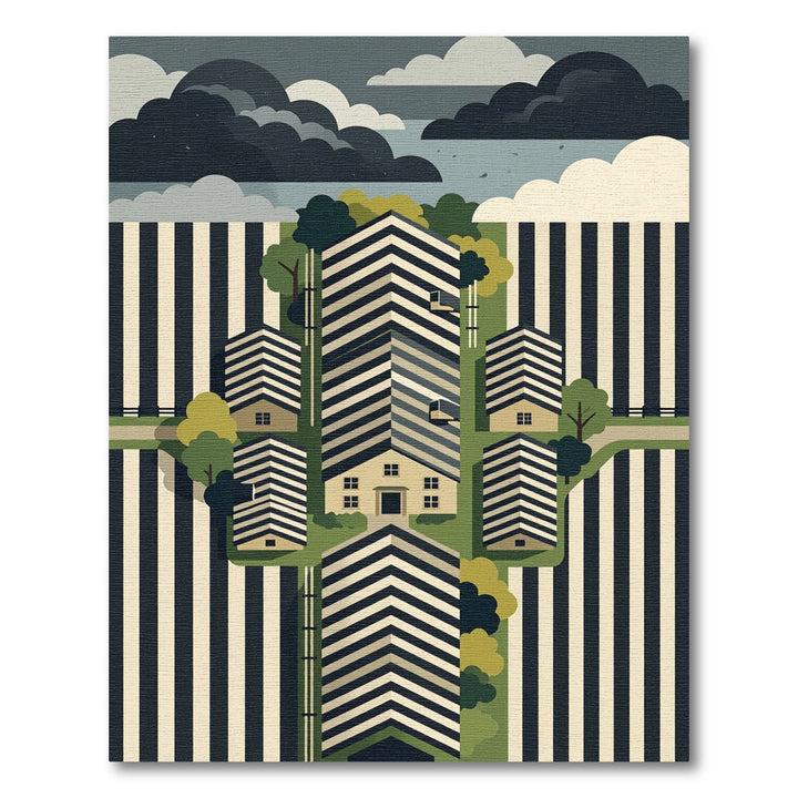 Black White Striped Geometric Houses Rug