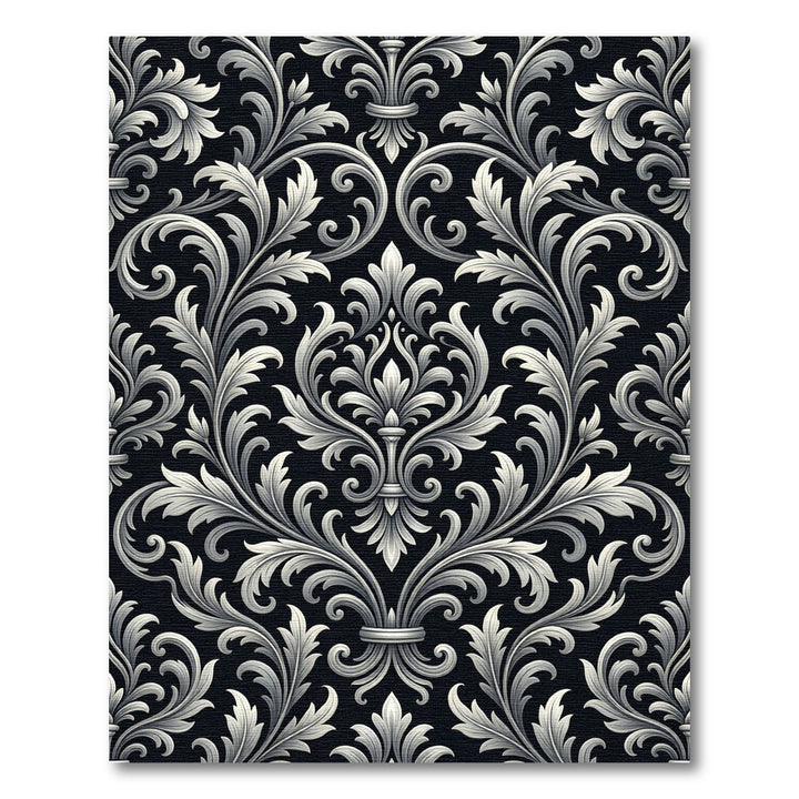 Intricate Black White Damask Ornament Rug