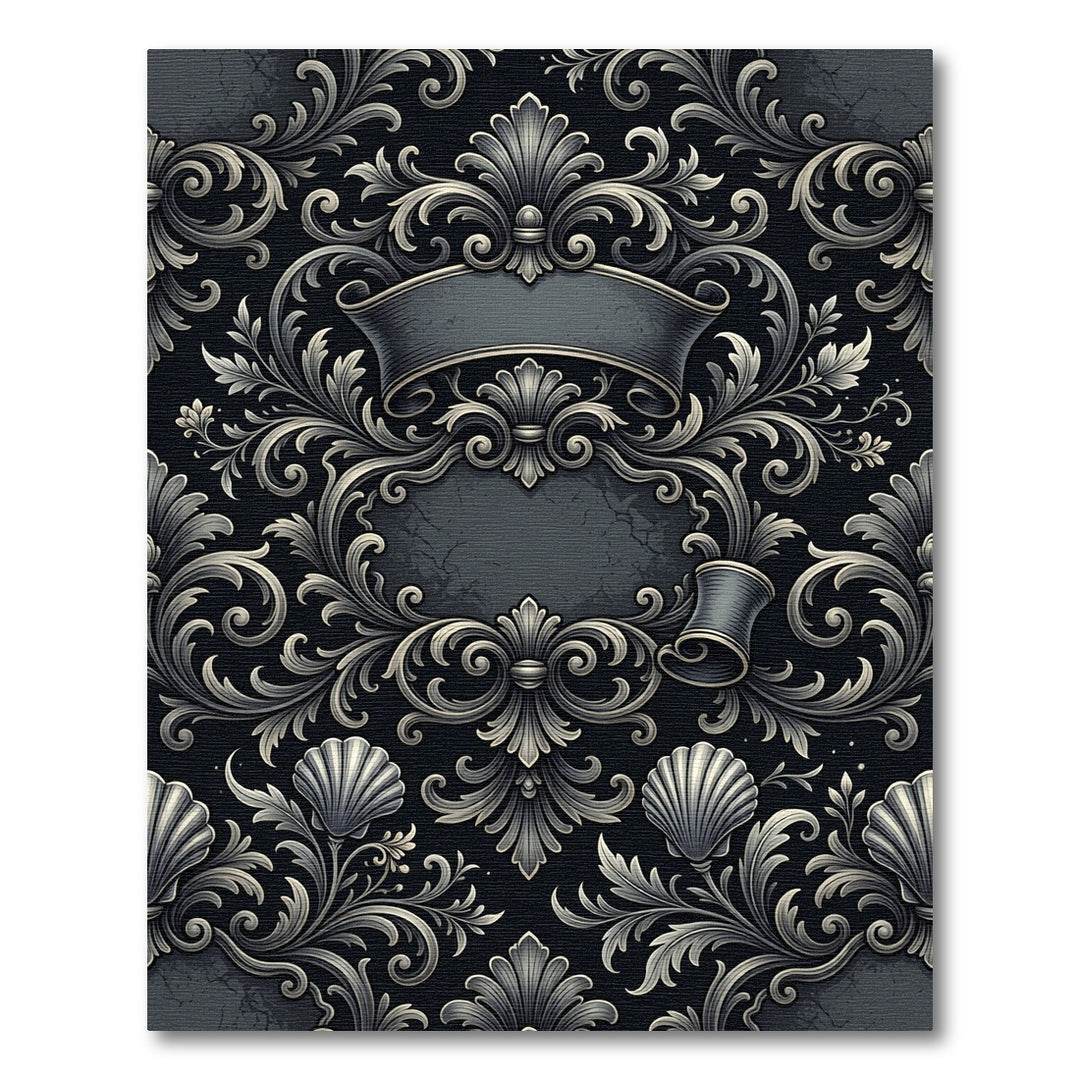 Ornate Black Silver Scrollwork Shells Rug