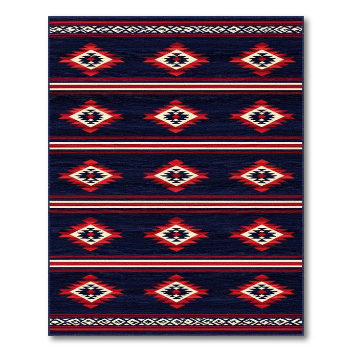 Navy Blue Southwestern Area Rug with Red Diamonds