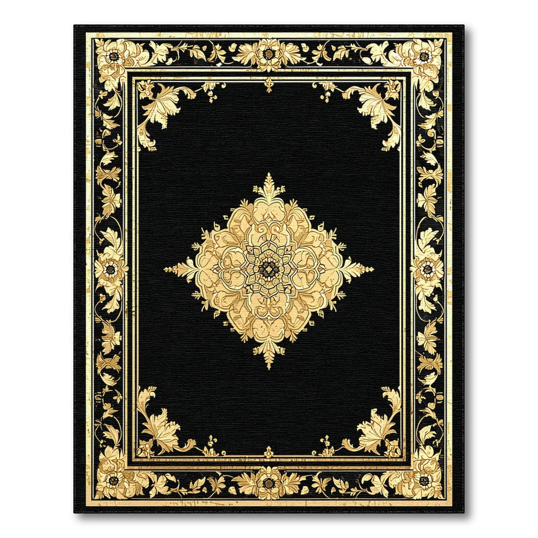 Gold Floral Medallion Black Area Rug