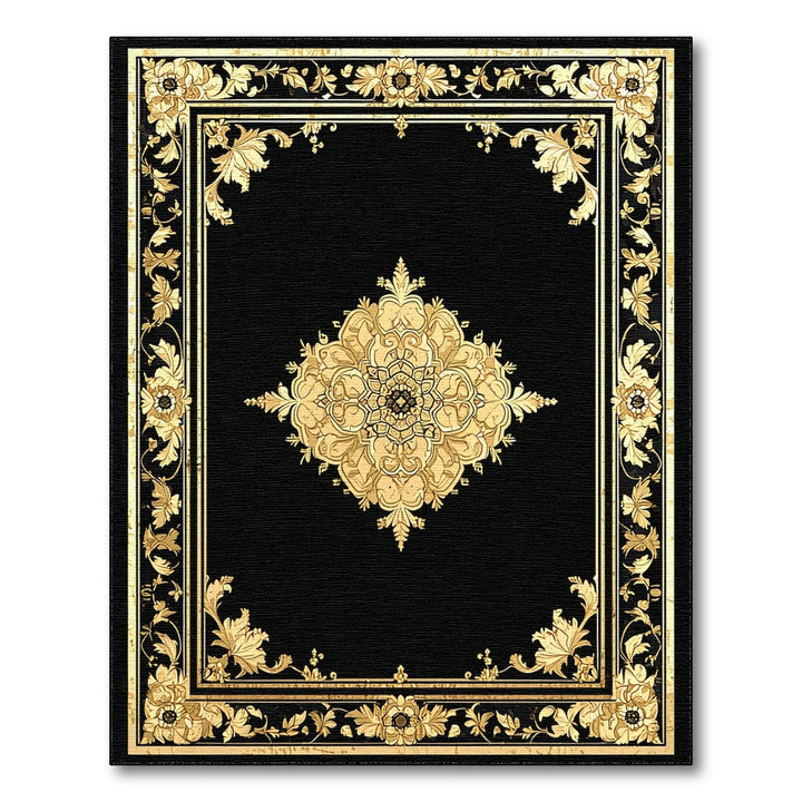Gold Floral Medallion Black Area Rug