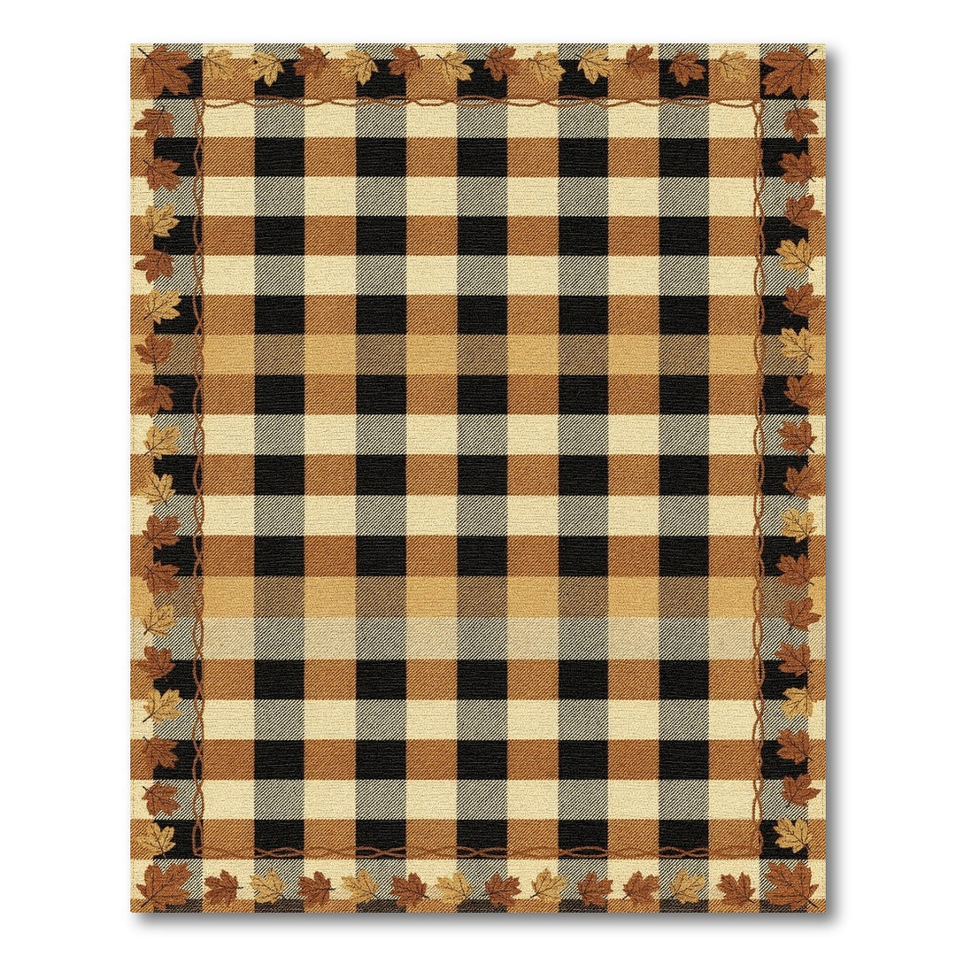 Brown Buffalo Check Area Rug with Leaf Border