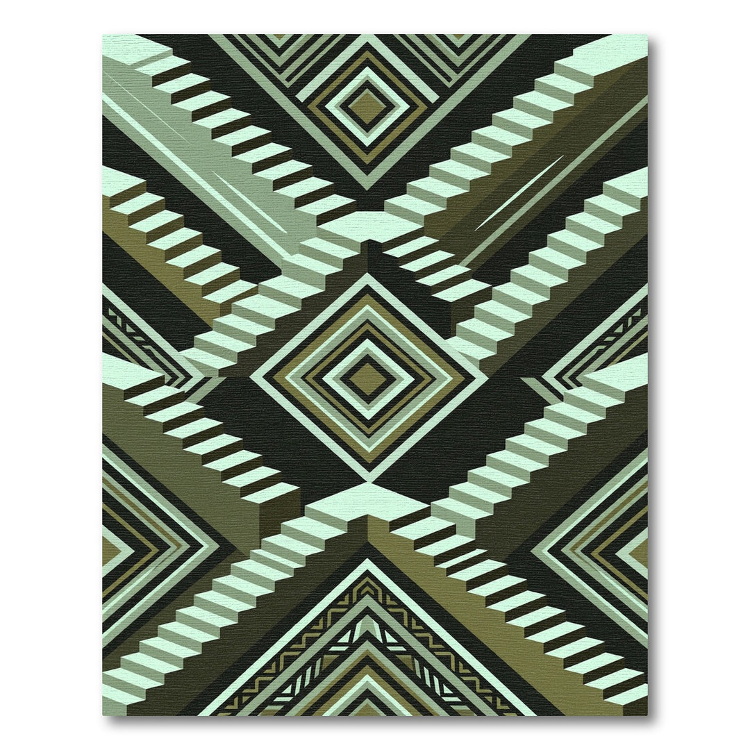 Geometric Stair Illusion Olive Rug
