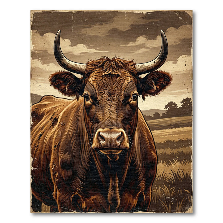 Rustic Brown Bull Farm Landscape Rug