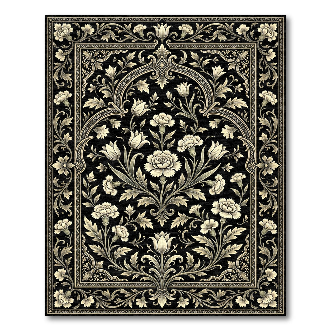 Black Cream Floral Vine Scroll Rug