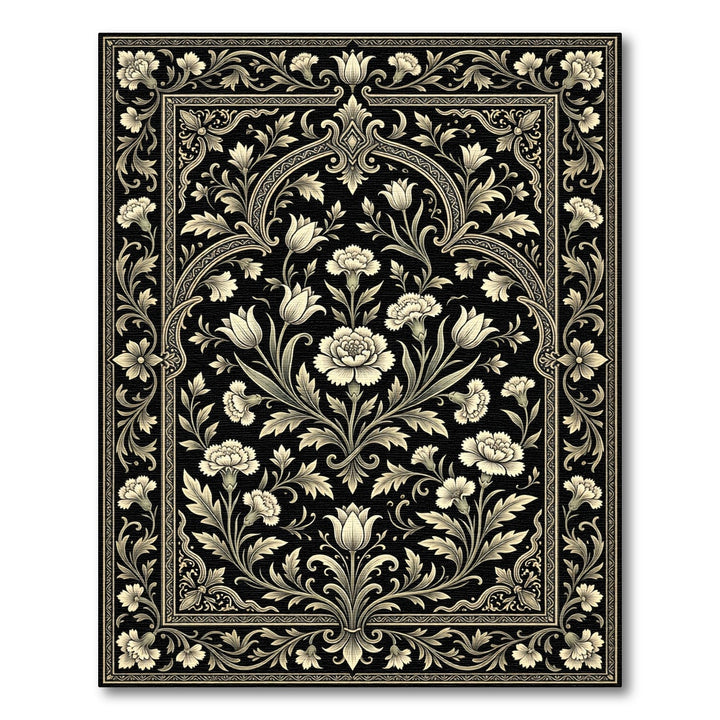 Black Cream Floral Vine Scroll Rug