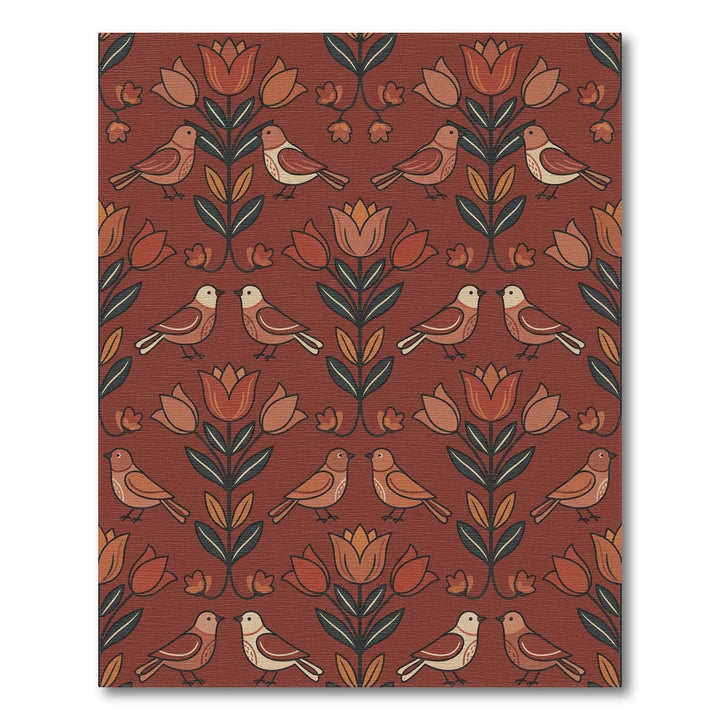 Terracotta Birds and Tulips Folk Art Rug