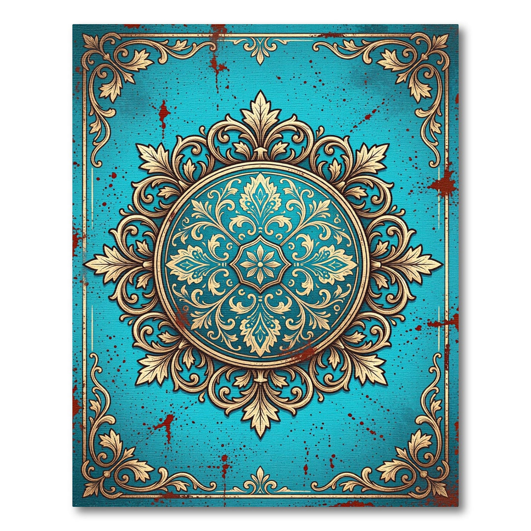 Ornate Teal Gold Acanthus Medallion Rug