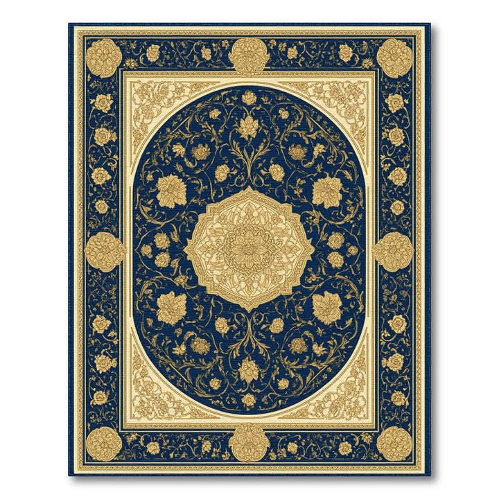 Navy Blue Gold Floral Medallion Persian Rug