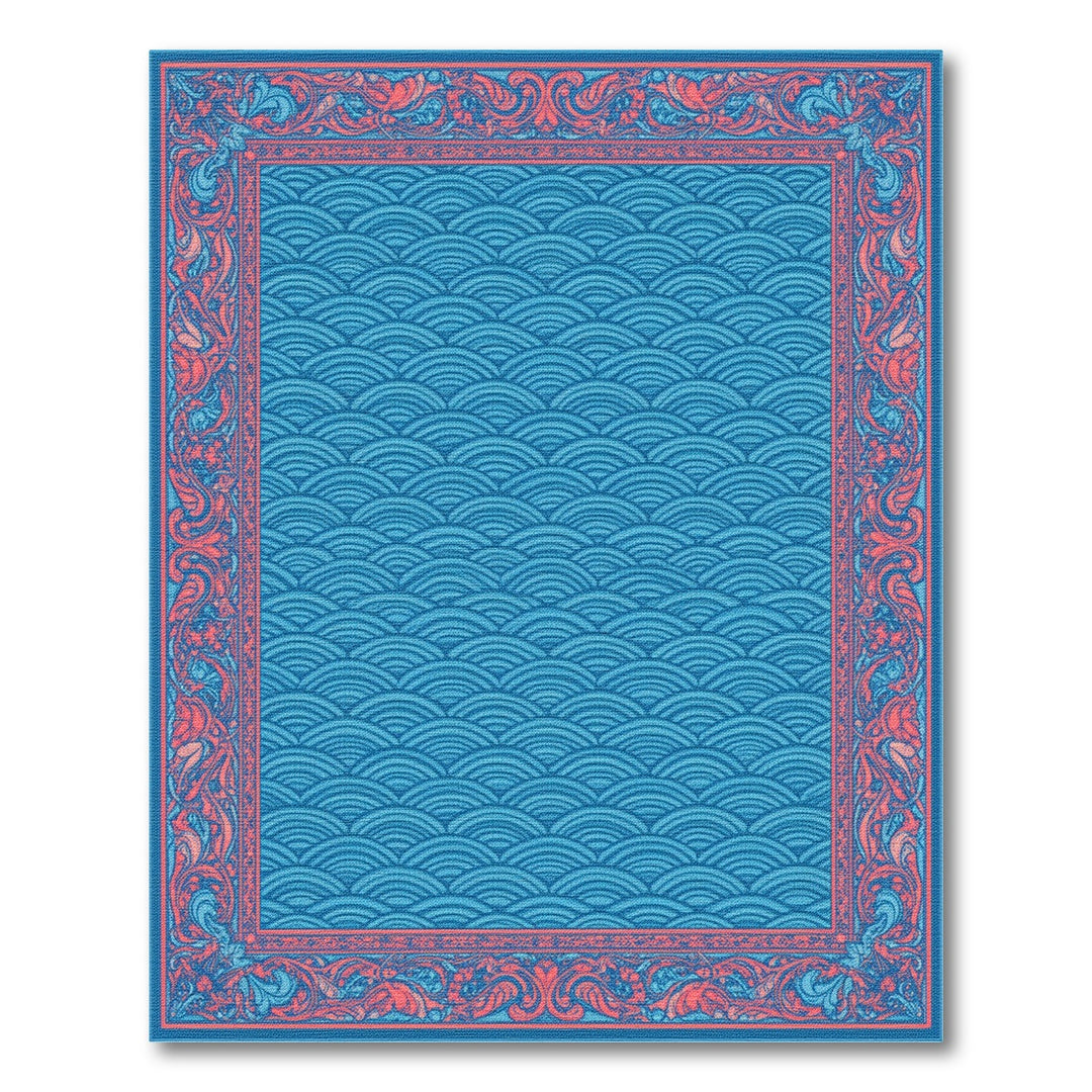 Blue Wave Floral Border Area Rug