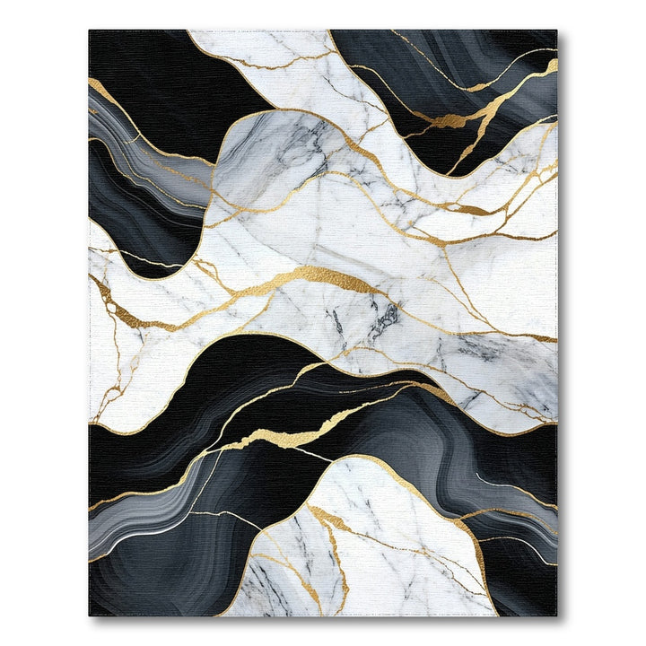 Black White Marble Gold Vein Abstract Area Rug
