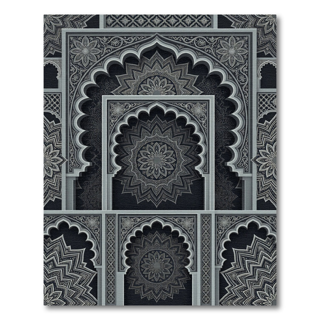 Ornate Gray Islamic Arch Mandala Rug