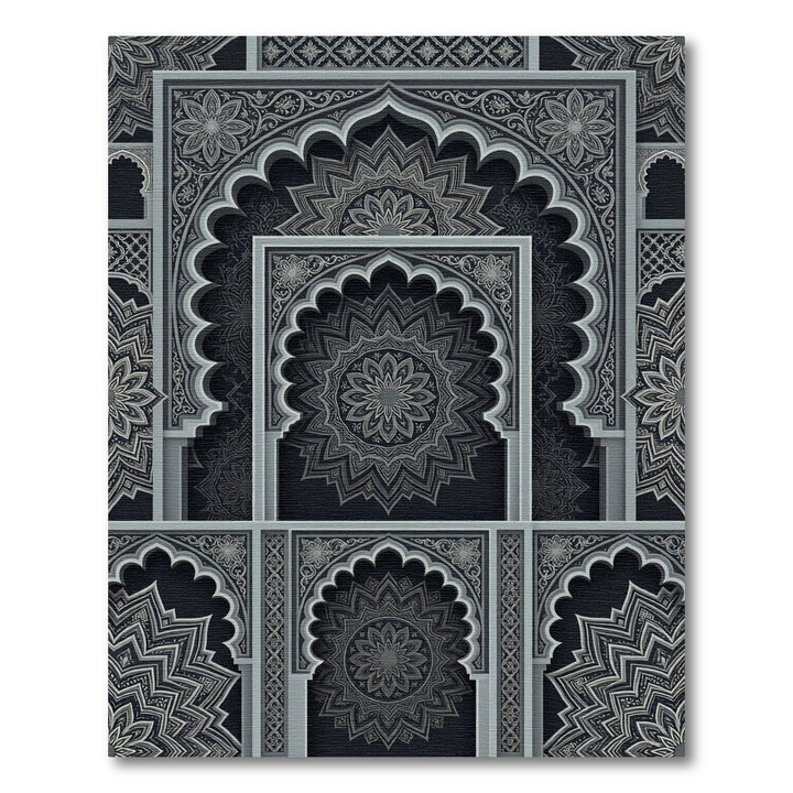 Ornate Gray Islamic Arch Mandala Rug