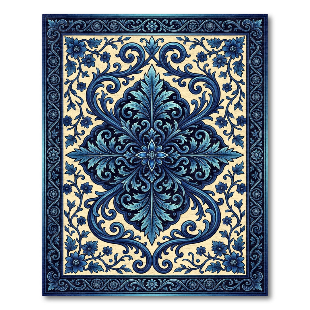 Rich Blue Floral Medallion Border Rug