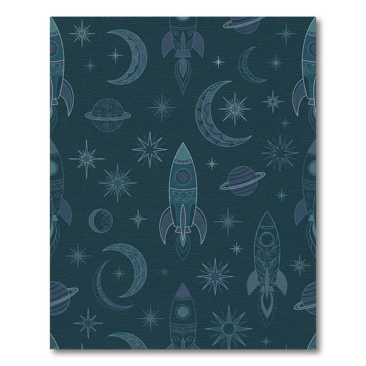 Teal Rocket Moon Starfield Theme Rug