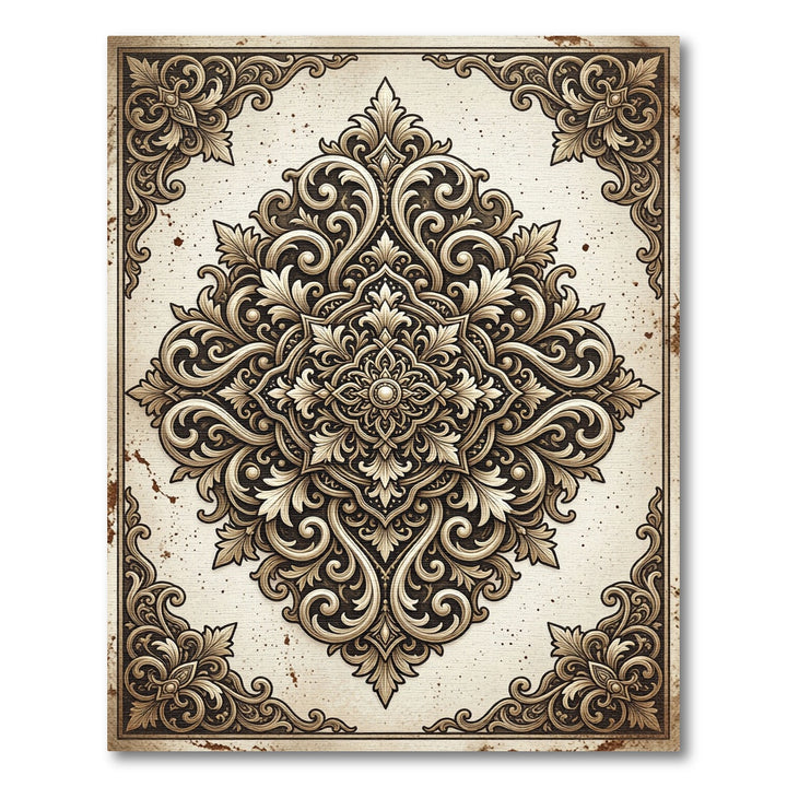 Ornate Golden Scrollwork Mandala Rug