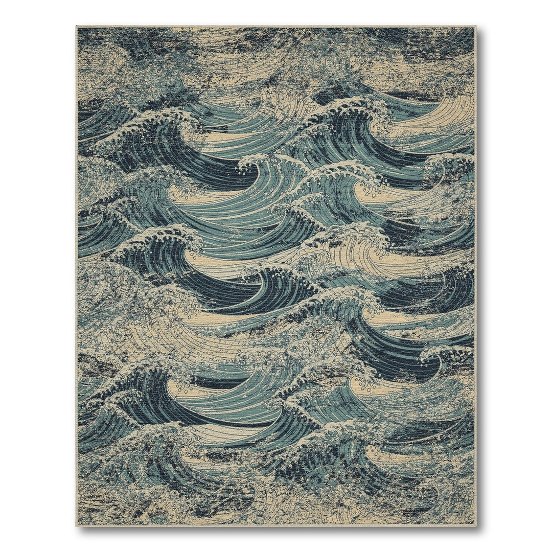 Blue Teal Wave Distressed Vintage Area Rug