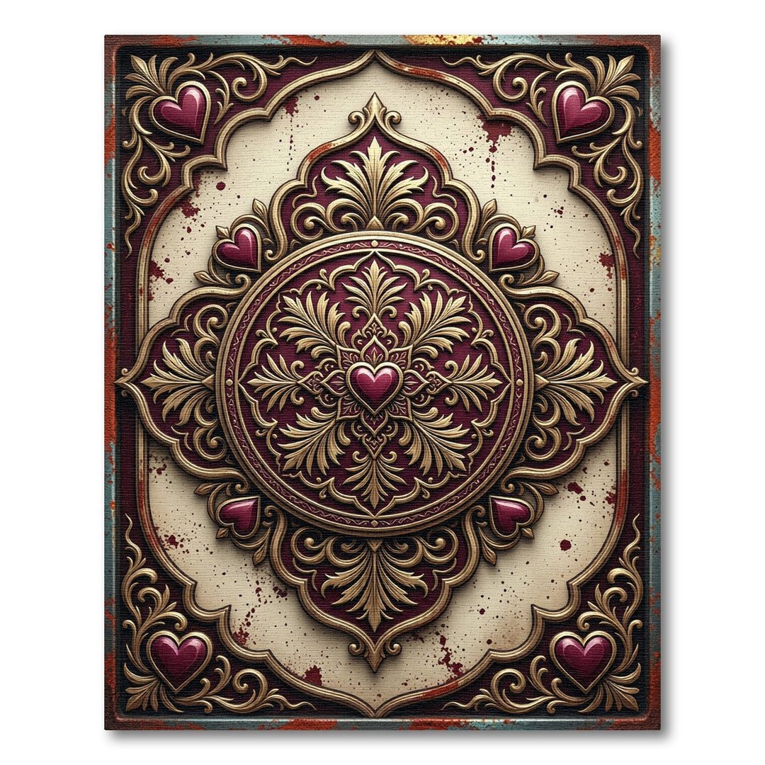 Ornate Burgundy Heart Scrollwork Rug