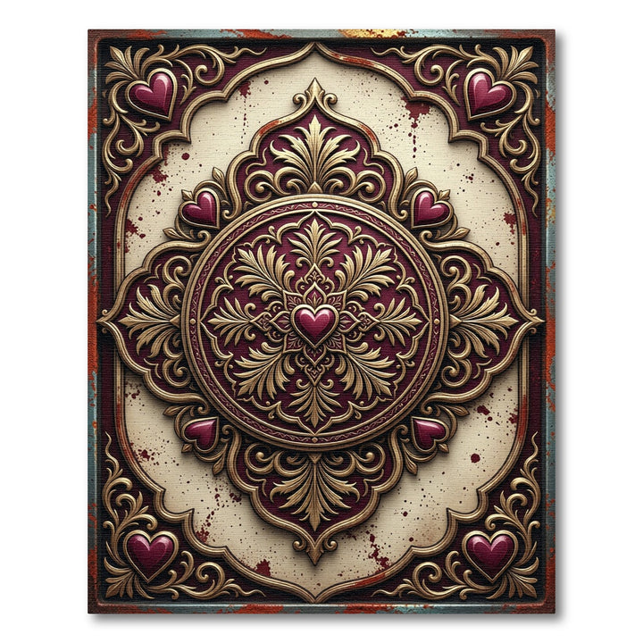 Ornate Burgundy Heart Scrollwork Rug