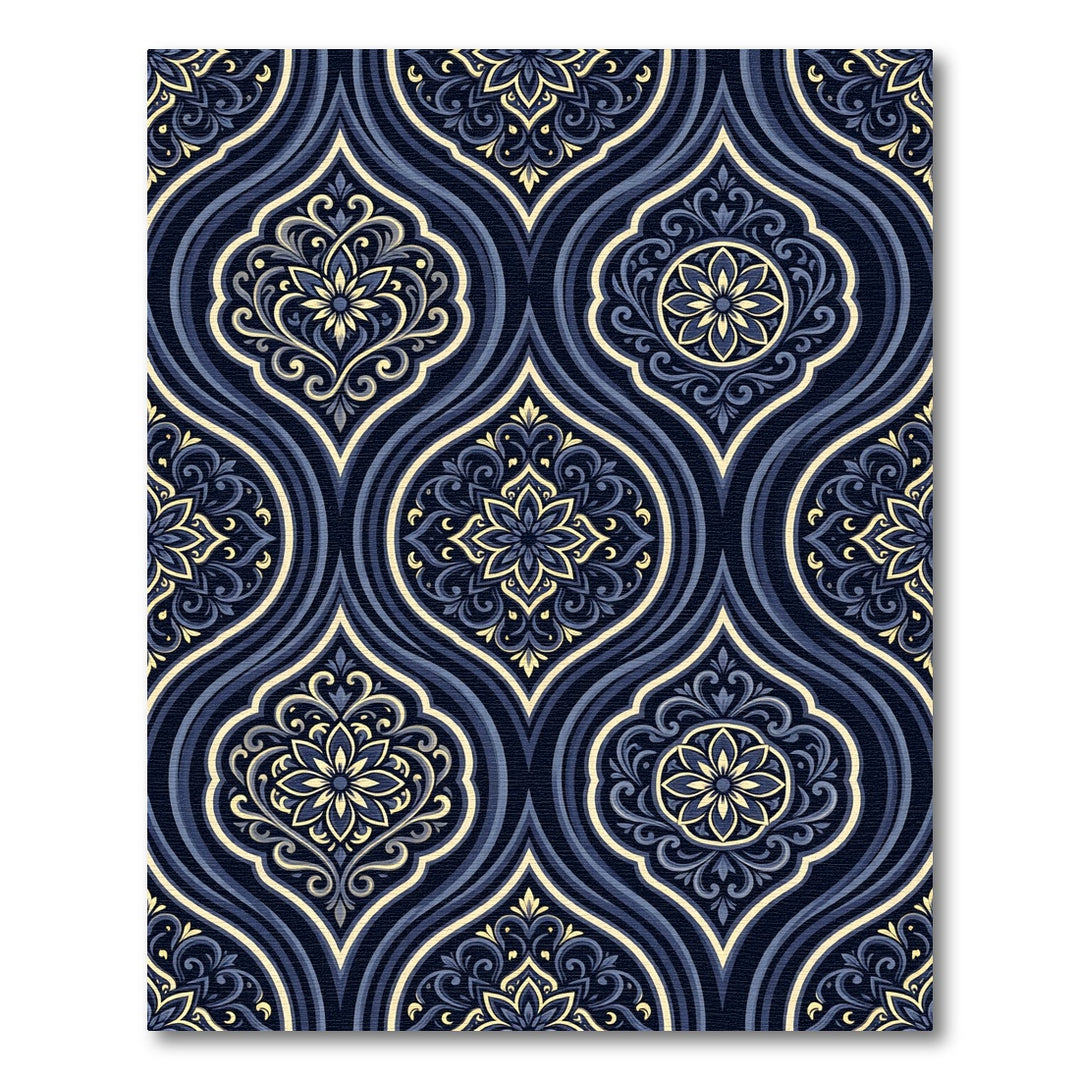 Deep Blue Golden Floral Damask Rug