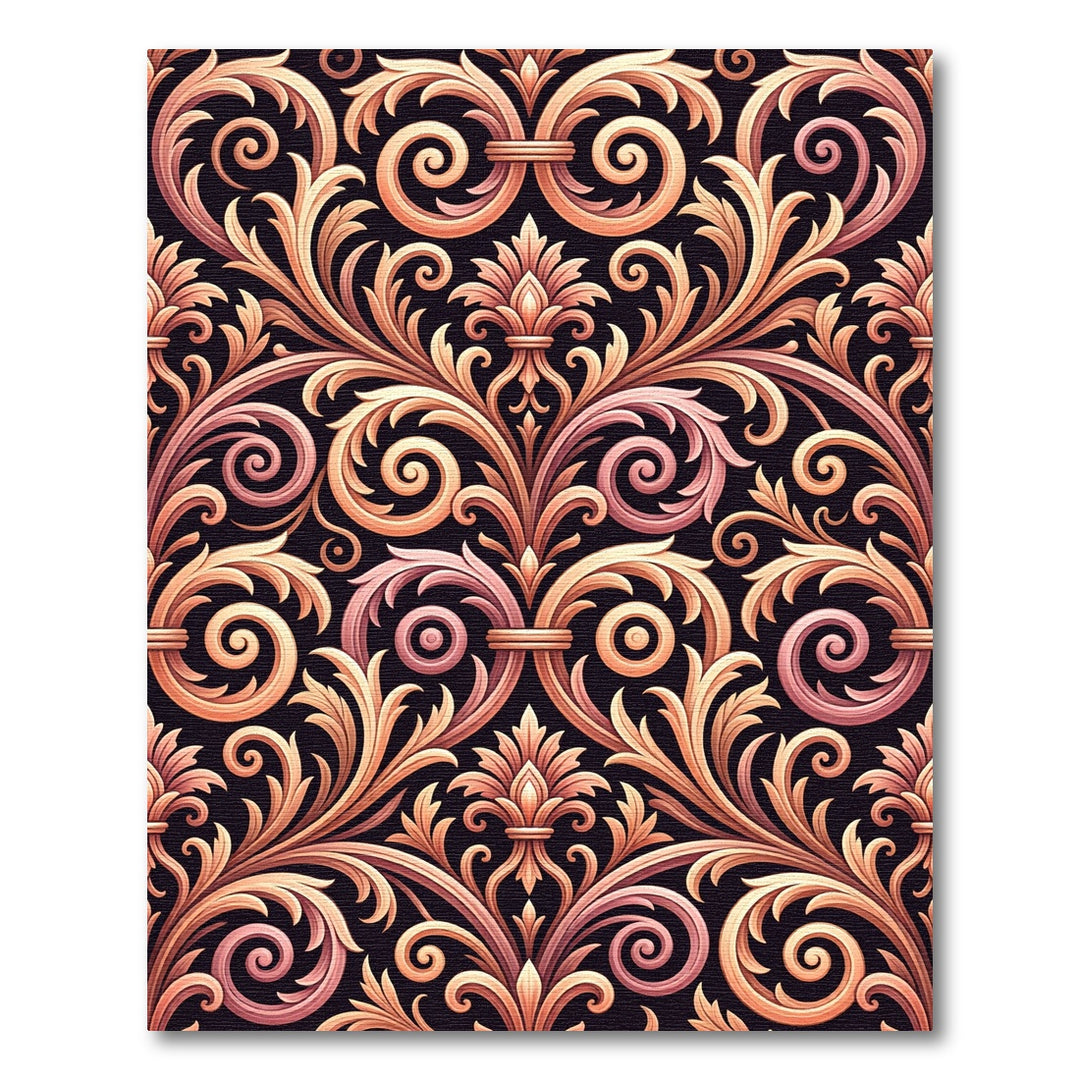 Ornate Gold and Rose Scrolling Leaves Rug